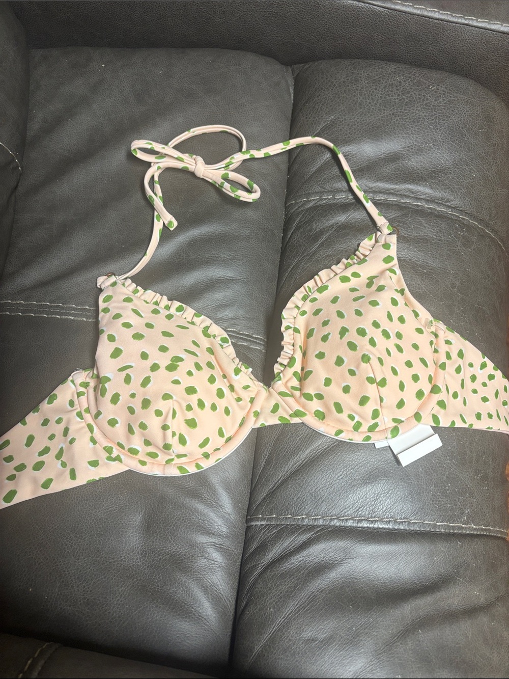 Raisins Peach Halter Bikini Top with Green Dot Print